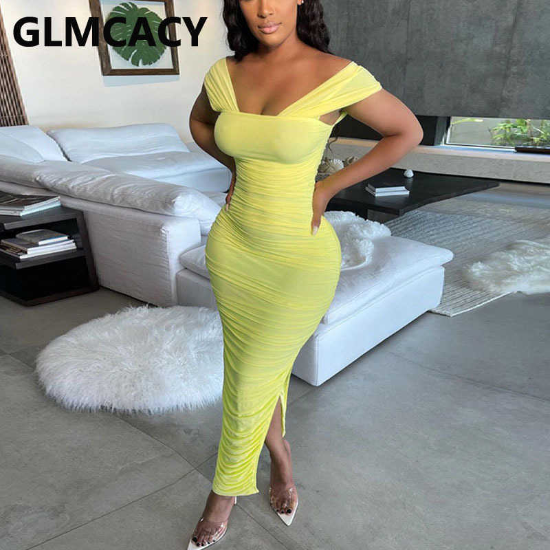 Women Spaghetti Strap Square Neck Slit Bodycon Maxi Dress 210702