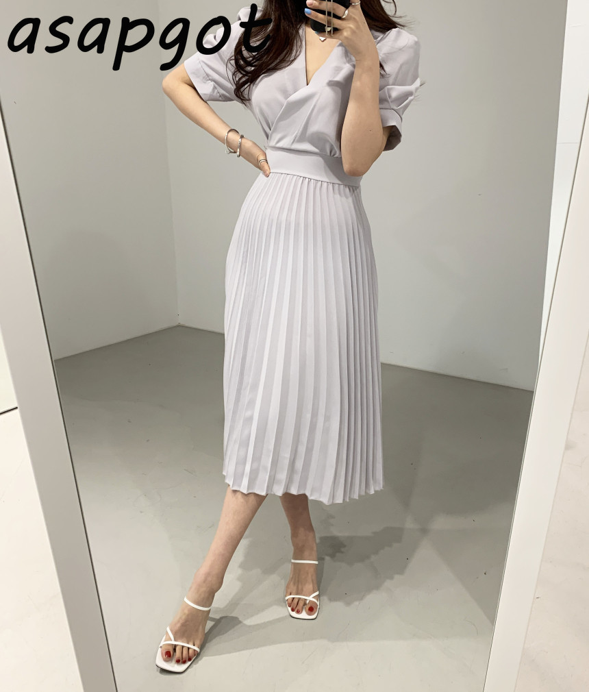 Korean Chic Summer Solid Oversize V Neck Bandage Waist Short Sleeve Pleated Dress Women Vestidos De Mujer Elegant Temperament 210429