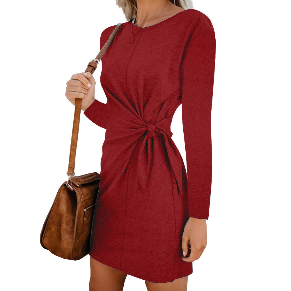 Women's Autumn Solid Color Round Neck Long Sleeve Bow Dress Temperament Office Worker Celebrity Style Short Plus Size 210522