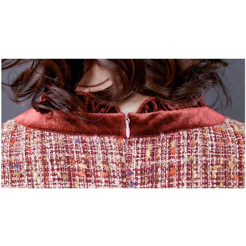 Autumn And Winter Women Vintage Tweed Woolen Red Dress Vestidos Ladies Velvet Patchwork Elegant Plaid Dresses 210520