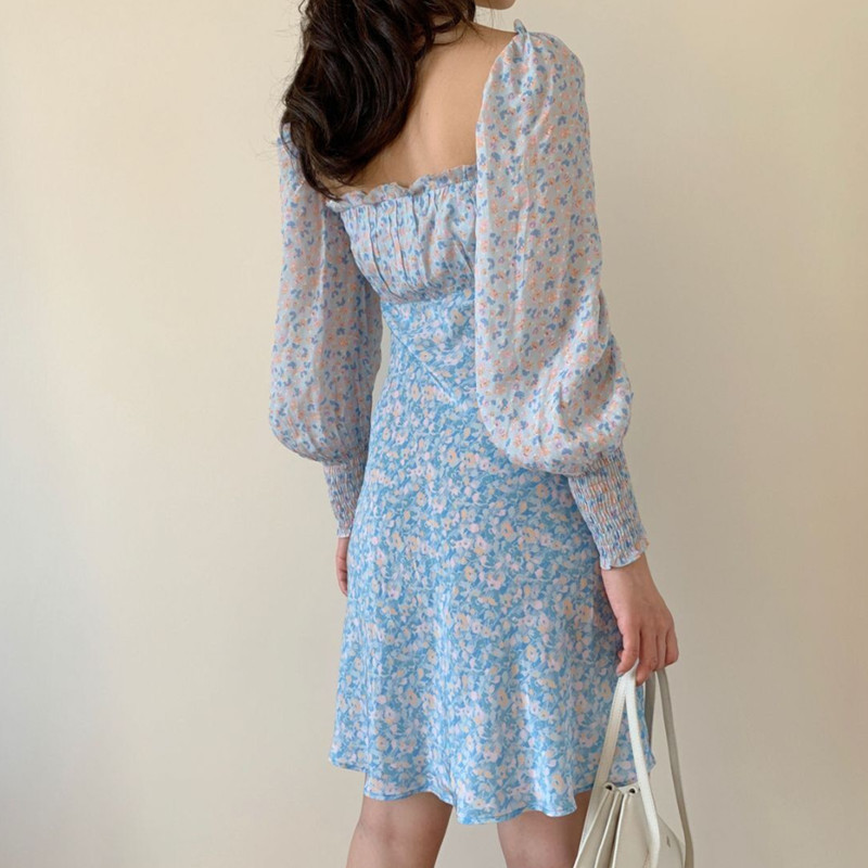 beauty Woman Summer Dress Fresh Romantic Floral Stitching Single-breasted Chiffon Long-sleeved Dresses 210514