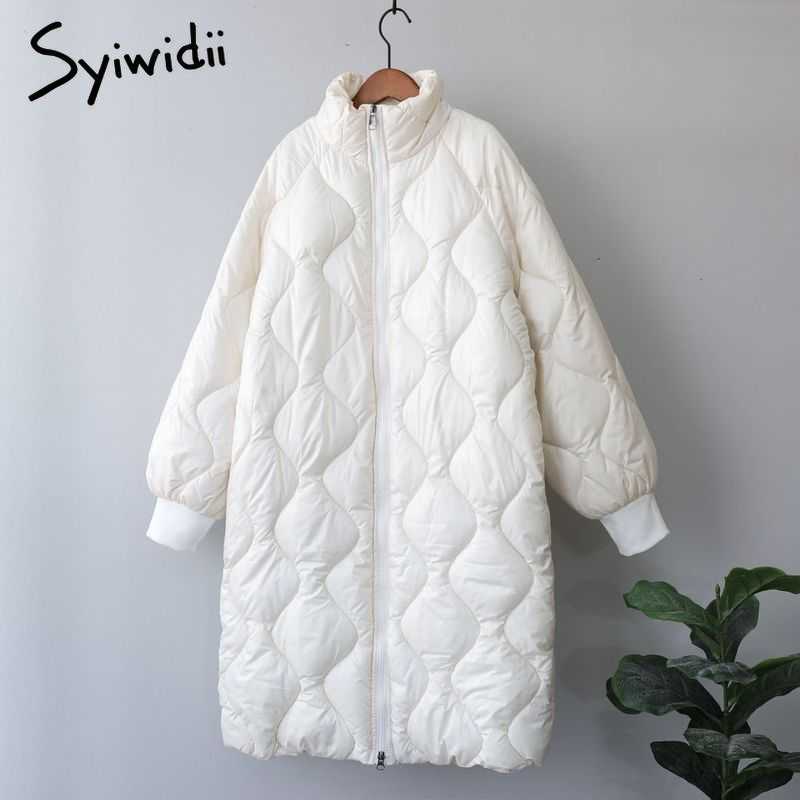 Syiwidii Woman Parkas Clothing for Women Jacket Beige Black Cotton Casual Warm Fashion Zipper Up Long Winter Bubble Coat 210910