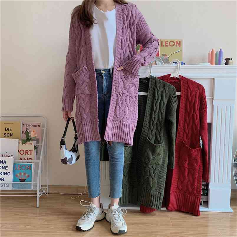 Autumn Winter Women's Cardigan Korean Style Pure Color Loose Sweater Coat Casual Female Knitted Cardigans LL738 210506