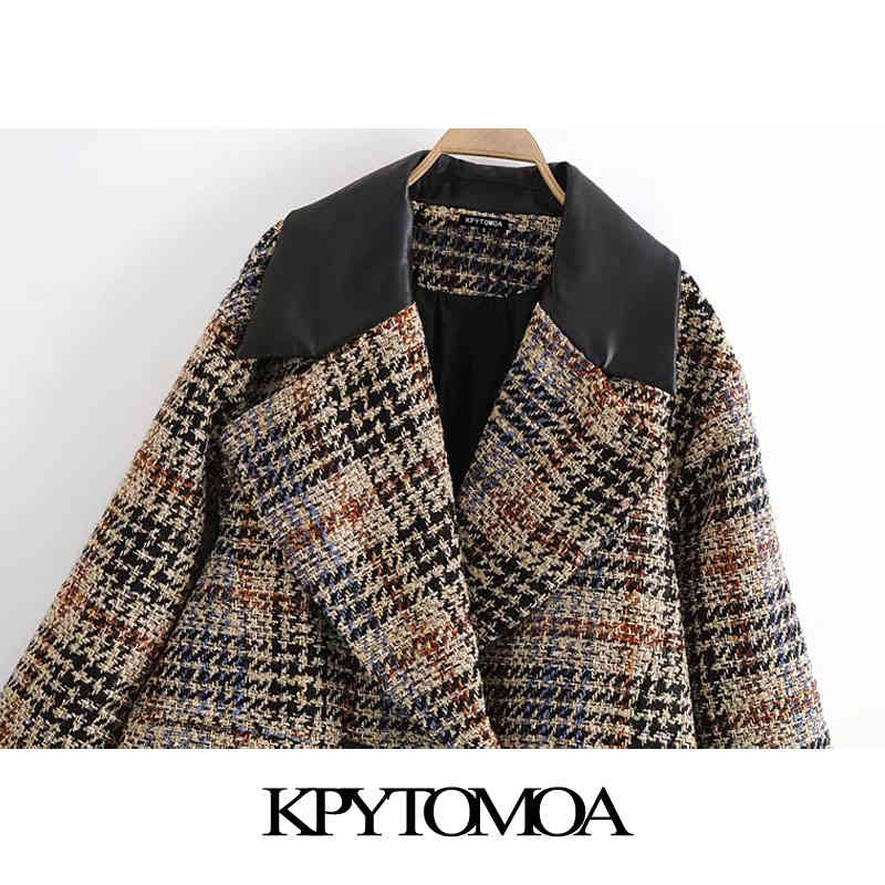 Women Fashion Patchwork Check Loose Tweed Blazers Coat Long Sleeve Pockets Female Outerwear Chic Tops 210420