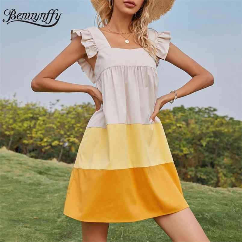 Square Collar Backless Color Block Dresses Women Summer Ruffle Sleeve Sweet Casual Robe Femme Loose Mini Dress 210510