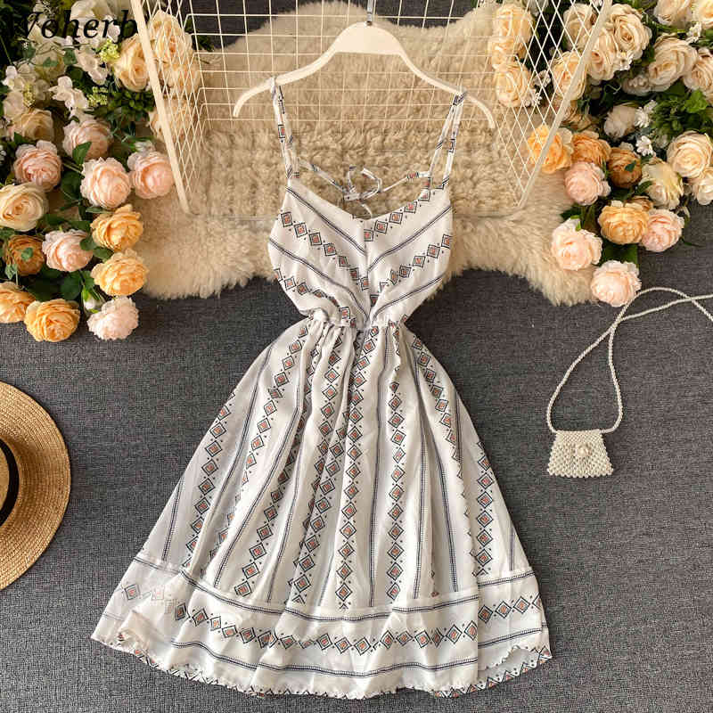 Sexy V-neck Backless Floral Print Vestidos Slim Waist Chiffon Dress Women Summer A-line Spaghetti Strap Dresses 25753 210519