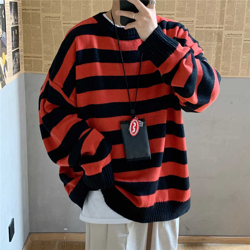 FOJAGANTO Men's Autumn Round Neck Sweater Korean Loose Casual Oversize Knit Pullover Youth Trend Fashion Striped Sweater Men 210818