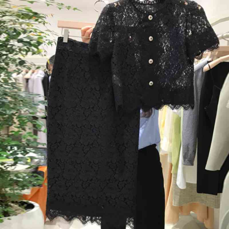Nomikuam Fashion Elegant Lace Women Skirt Sets Short Sleeve Blouse Tops + High Waist Slim Skirts Korean 2 Pieces Outfits 6H504 210427