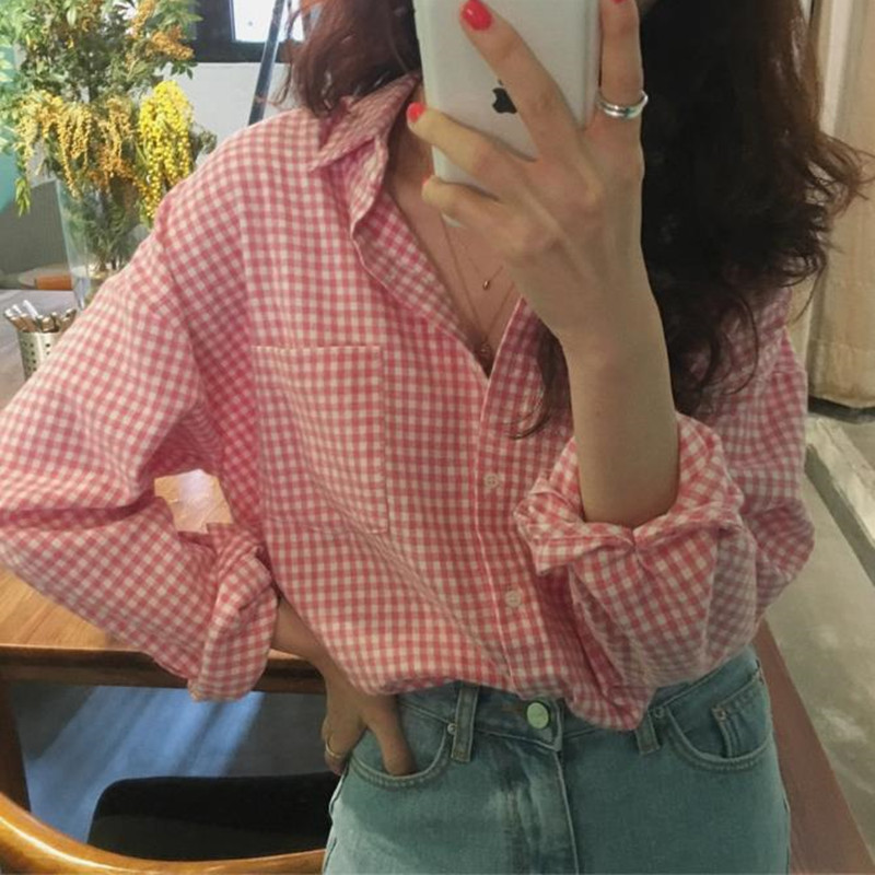 OL Elegant Pink Plaid Shirt Women Summer Blouses Loose Lapel Single-breasted Office Lady Long Sleeve Tops Blusas 210421