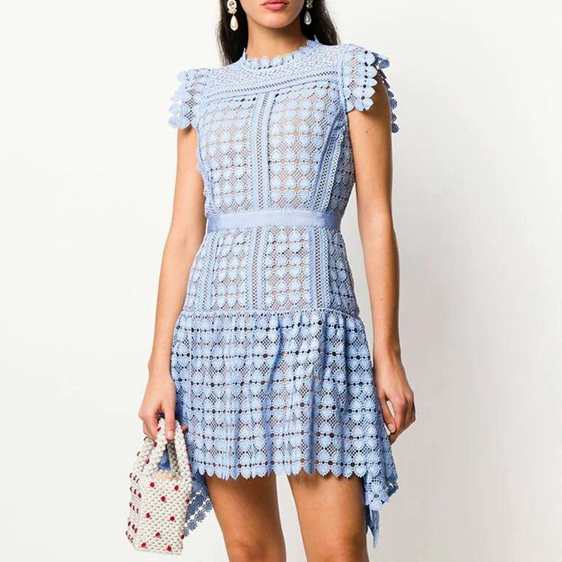 Runway Self Portrait Summer Women Party Dress Vintage Lace Patchwork Hollow Out Sleeveless Crochet Foral Beach 210520