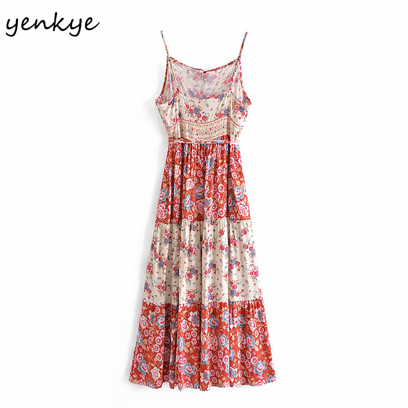 Holiday Summer Boho Beach Dress Women Vintage Hit Color Floral Print Robe Longue Female Sexy Sling Casual Long Dresses 210430