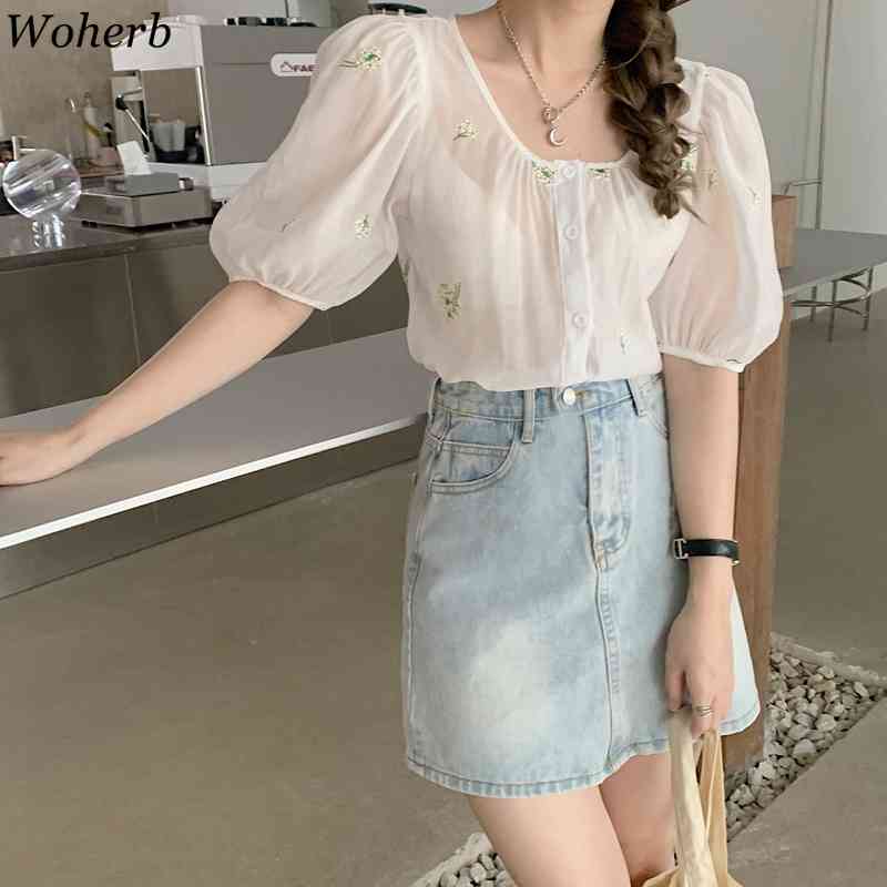 Korean Blouse Women Summer Embroidery Floral Hollow Out Shirt Puff Sleeve See Through Chic Elegant White Top 210519
