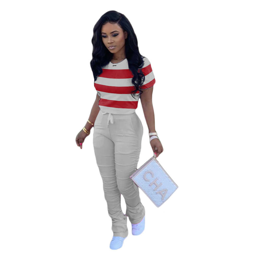 Wholesale Pants 2 Piece Suits Fashion Color Matching T Shirt Hip Slim Pleated Micro Flared Outfits Ladies Print Casual Clothing