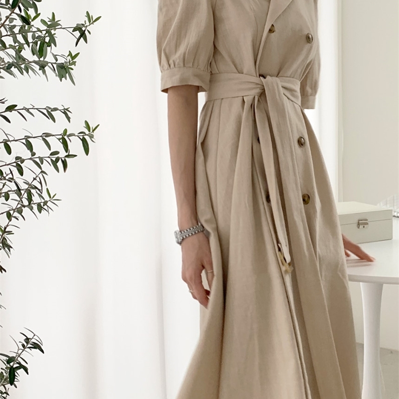 Arrival Vintage Short Sleeve Suit Collar Double-Breasted Slim Dress Women Puff Natural Notched Long Dresses 210520