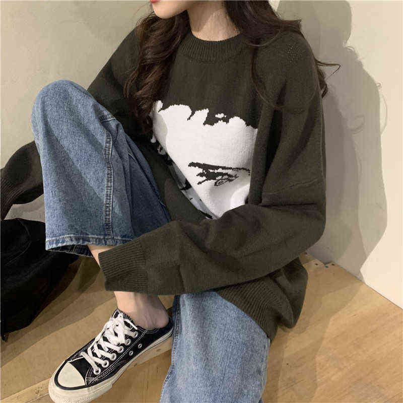 Korobov Oversize Long Sleeve O-Neck Sweaters Korean Cartoon Character Sueter Mujer Streetwear Women Harajuku Pullovers 79292 211109