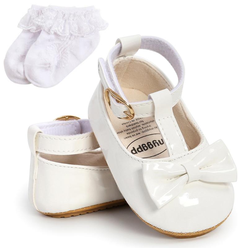 

First Walkers Born Baby Girl PU Leather Shoes + Socks Infant Bowknot Princess Wedding Mary Jane Flats Prewalker Shoe 0-18M