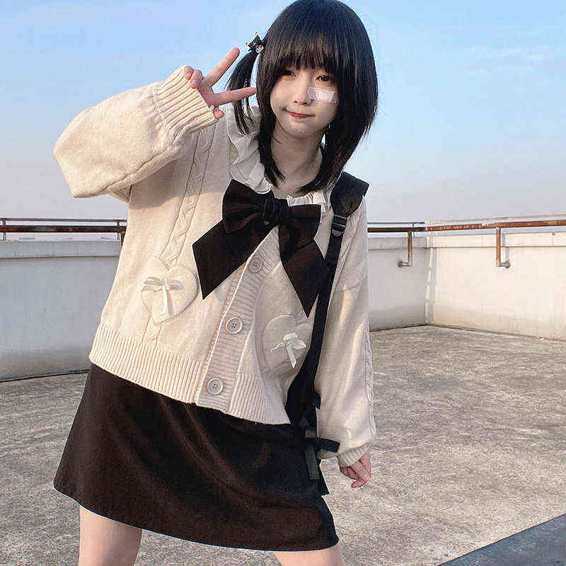 Anbenser Spring Japan Kawaii Fashion Pink Cardigan Women Vintage Crop Knitted Sweater Cute Bow Heart Korean JK School Coat 211117