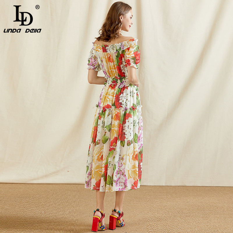 Fashion Runway Summer Dress Women Slash neck Elastic waist Floral print Elegant Holiday Chiffon Midi 210522