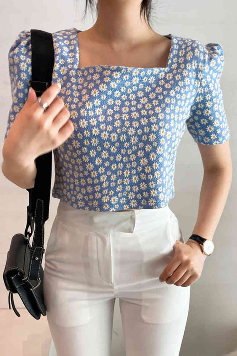 Square Collar Puff Sleeve Shirt Women Korean Chic Floral Daisy Print Crop Top Blouse Summer Casual All Match Blusas 210519