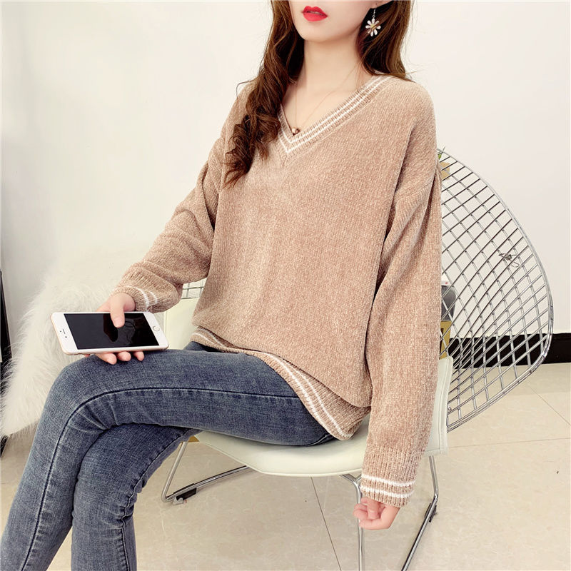 Winter Loose Wearing Chenille Sweater Coat Female Korean Fashion Wild V-neck Autumn Women 210427