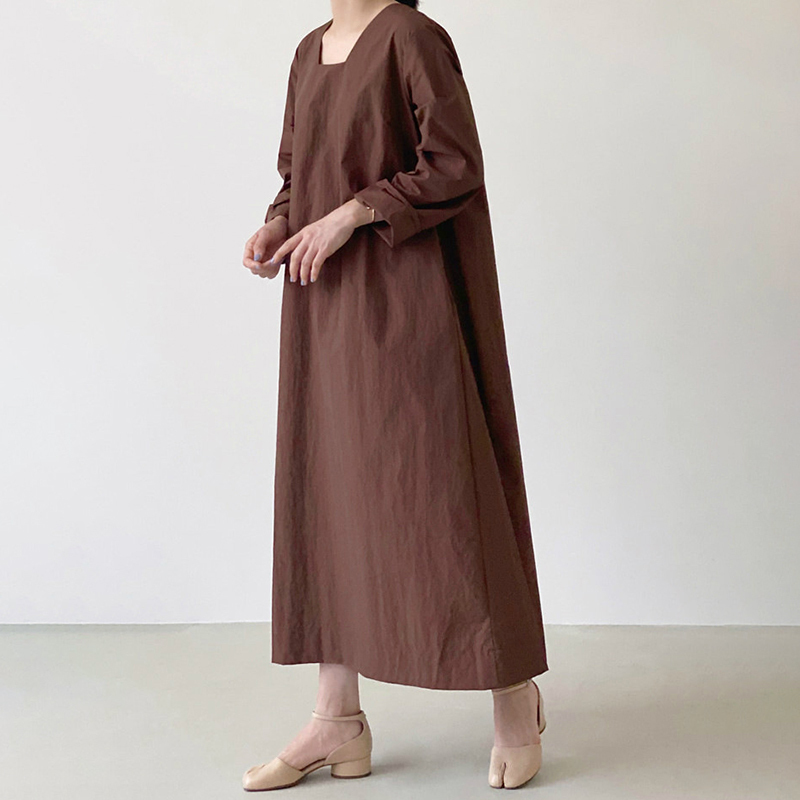 SHENGPLLAE Minimalist Dress Women's Spring Square Collor Loose Solid Color Simple Long Sleeve Mid-calf Dresses Female 210427