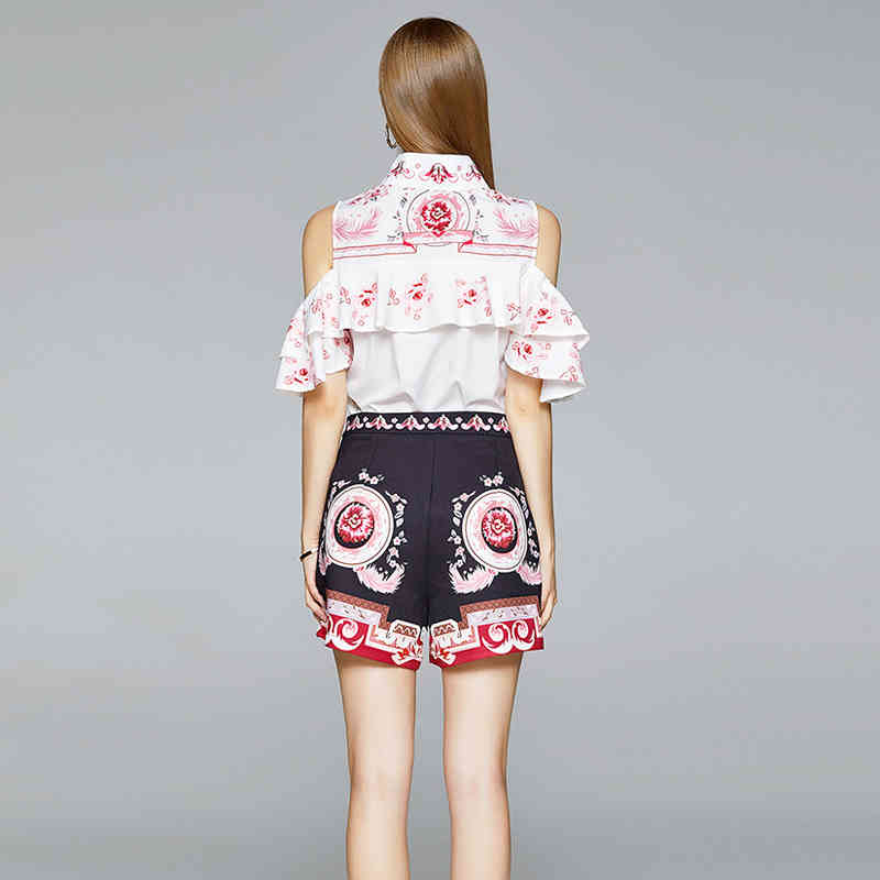 Fashion Runway Summer 2 Piece Set Women Off Shoulder Ruffles Floral Print Shirt Tops + High Waist Wide Leg Shorts 210506