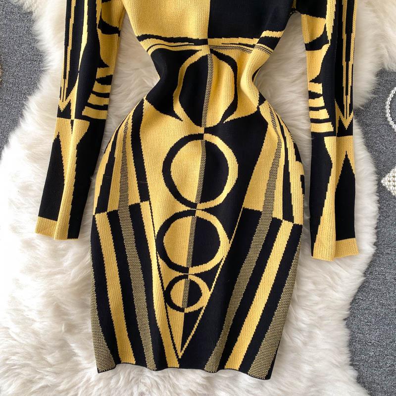 Casual Dresses SINGREINY Women Design Print Knitted Dress Long Sleeve O Neck Elastic Slim Pencil Autumn Winter Sexy Bodycon Sweater B1