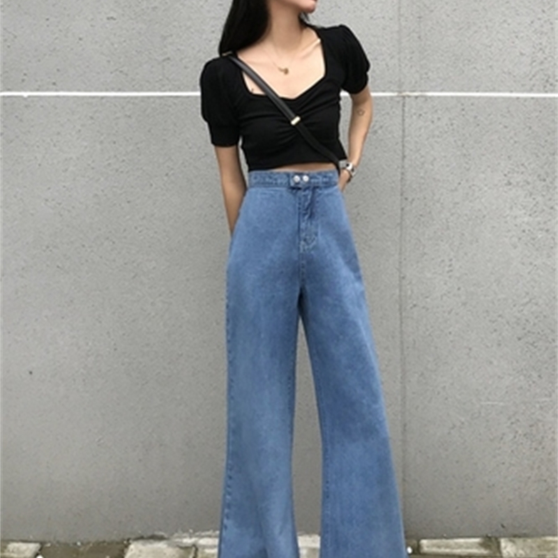 Arrival Spring Korea Fashion Women High Waist Jeans 80s Vintage Cotton Denim Flare Pants Female Loose Wide Leg S323 210512