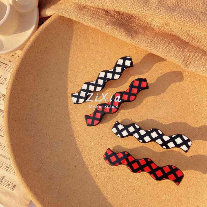 Hair Accessories Chic Black and White Checkered Broken Bangs Clip Diamond Big Wave Duckbill Personalized Motorcycle Girl Side