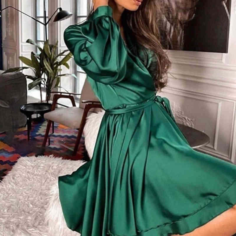 Sexy Satin Sashes A Line Mini Dress Lantern Sleeve Elegant Party Dress Autumn Fashion Women's Clothing Streetwear Vestidos 210409