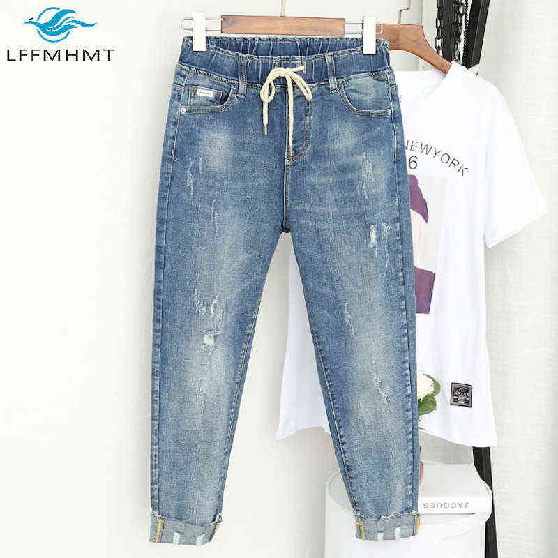 Women Summer Autumn Baggy Elastic Waist Jeans Korea Style Ripped Pants Female 100KG Oversize Loose Harem Trousers Cloth 211111