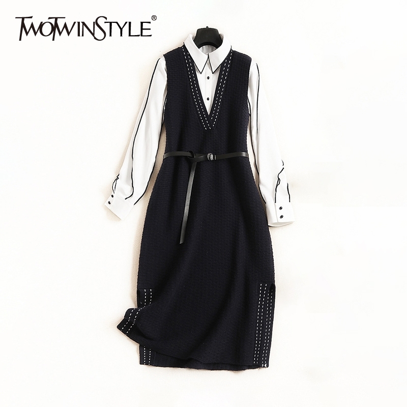 TWOTWINSTYLE Sweet Knitted Two Piece Set For Women Lapel Long Sleeve Shirt V Neck Black Dress Elegant Sets Female Fashion 210517, Aspicture
TWOTWINSTYLE Sweet Knitted Two Piece Set For Women Lapel Long Sleeve Shirt V Neck Black Dress Elegant Sets Female Fashion 210517, Aspicture