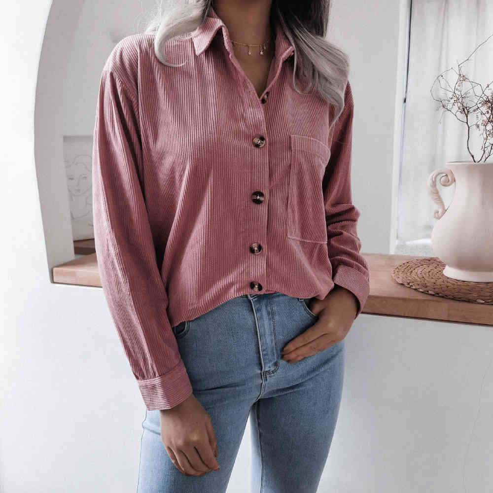 Shirts For Women Casual Loose Spring Autumn Corduroy Purple Long Sleeve Button Up Collared Ladies Tops Fashion New Blouses 210415