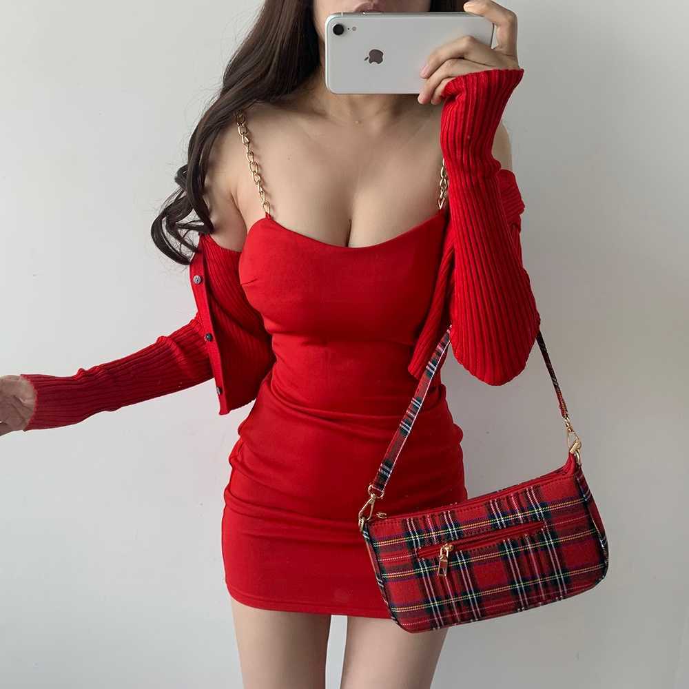 WOMENGAGA Spring Sexy Slim Elastic Thin Metal Chain Low Chest Slash Neck Solid Color Spaghetti Strap Tank Mini Dress 1D 210603