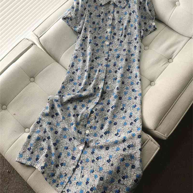 Elegant French style Women Floral Print Shirt Dress Office Ladies Single-breasted Buttons Lapel Retro Summer Dresses Vintage 210429