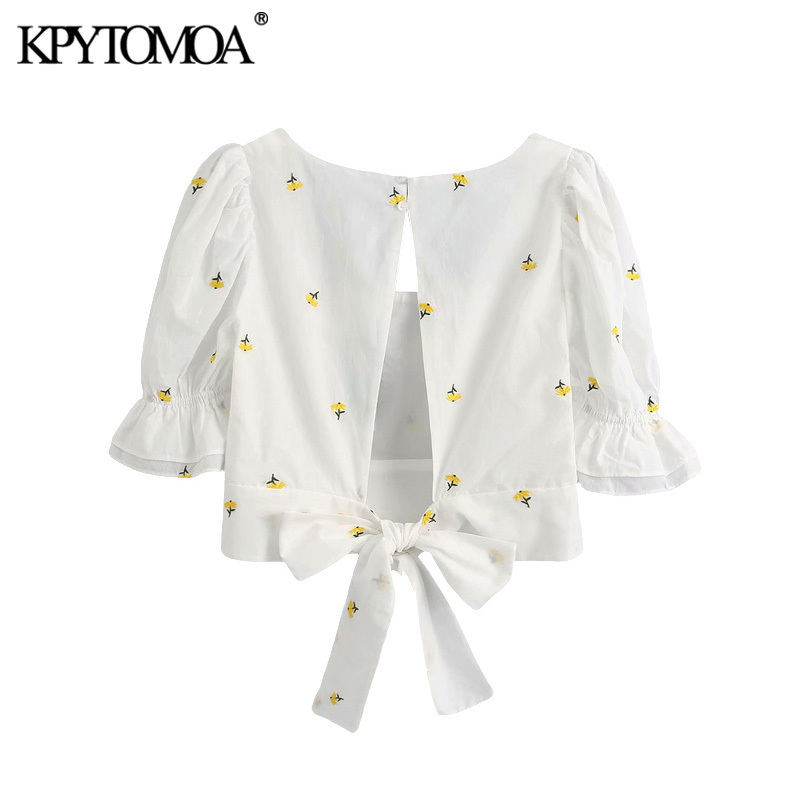 Women Sweet Fashion Floral Embroidery Cropped Blouses Pull Sleeves Back Bow Tie Female Shirts Chic Tops 210420