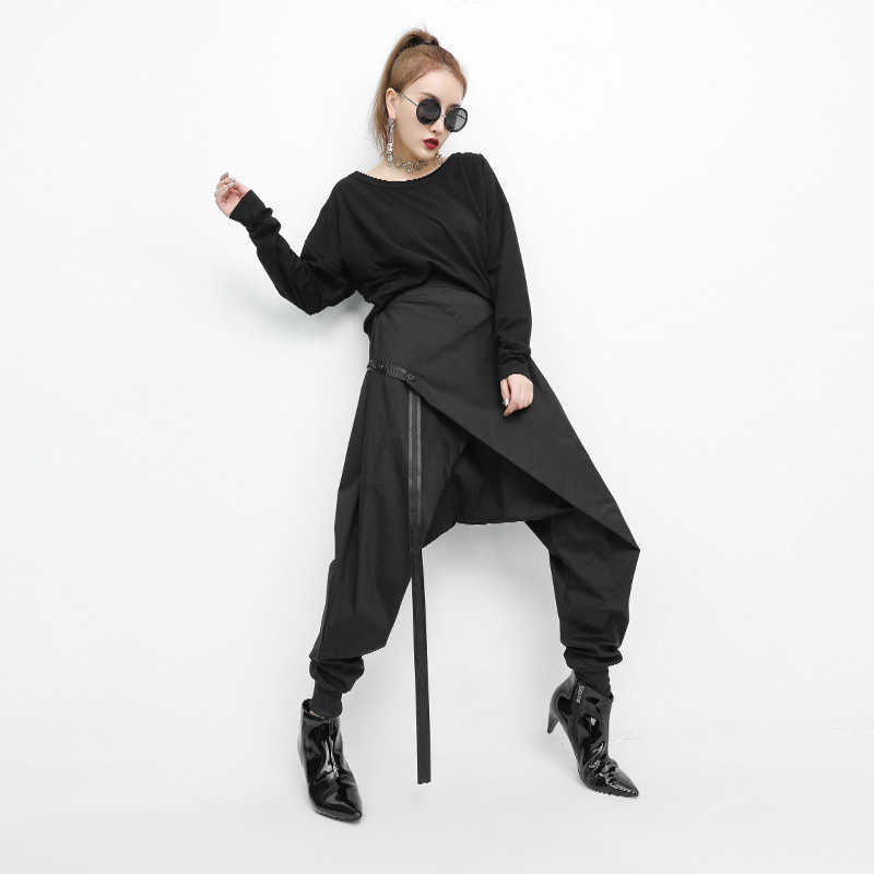 Spring Black Loose Elastic Waist Lace Up Spliced Personality Casual Harem Pants Fashion Women's LA982 211115
