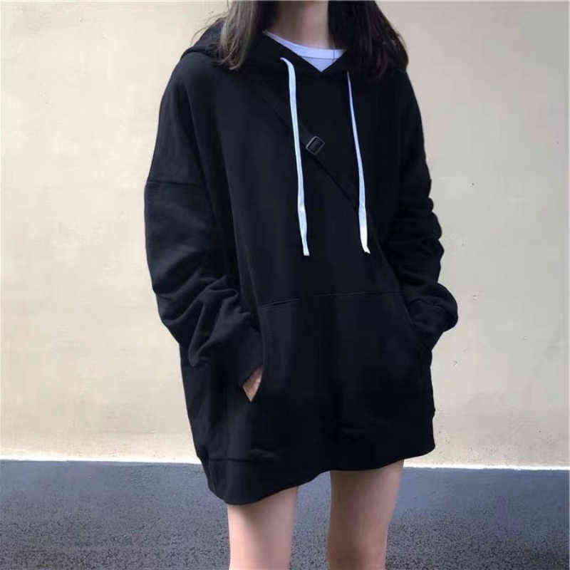 Solid Thin Hoodie Women's Oversized Clothing Long Sleeve Draw String Sweatshirts Female Blouse Polyester Loose Casual Long Tops 211109