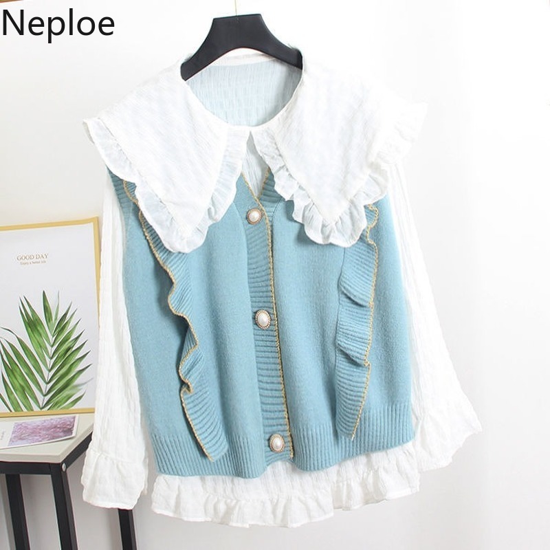 Neploe Knit Sweaters Vest Korean Loose V-neck Sleeveless Waistcoat Sweet Ruffles Fashion Coat Autumn Winter Clothes Tank Tops 210422