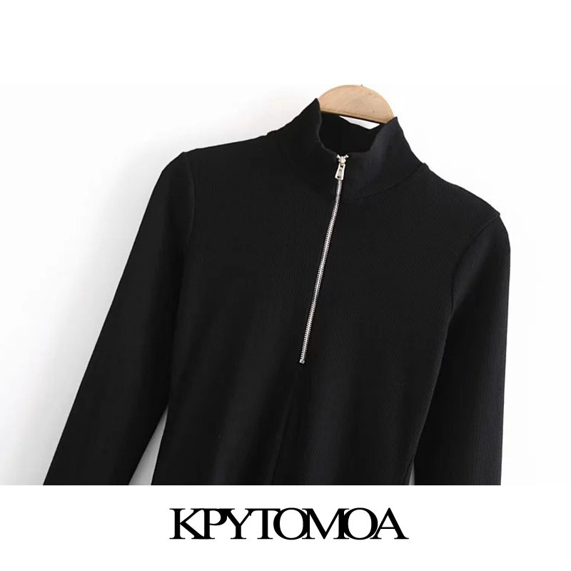 Women Chic Fashion With Half-Zip Ribbed Mini Dress High Neck Long Sleeve Female Dresses Vestidos Mujer 210420