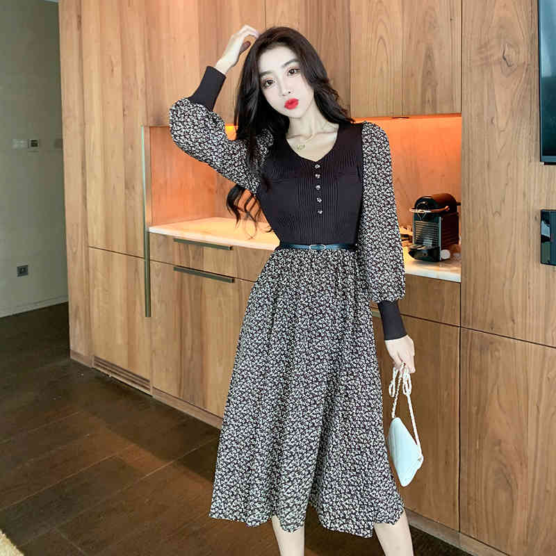 Elegant Knitted Patchwork Midi Dress Autumn Winter Women Long Sleeve Retro Printing Casual Slim 210519