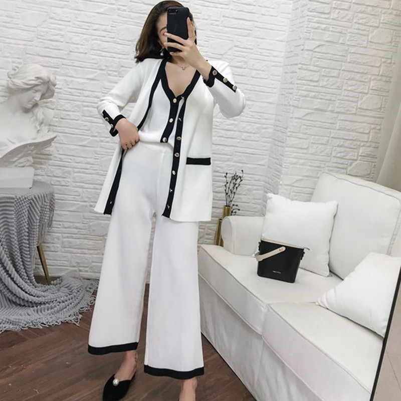 Women Casual Ol Pant Set Spring Ladies Small Fragrant V Neck Vest Top+cardigan+wide-leg Pants Suit Knitted Three-piece Suit 210515