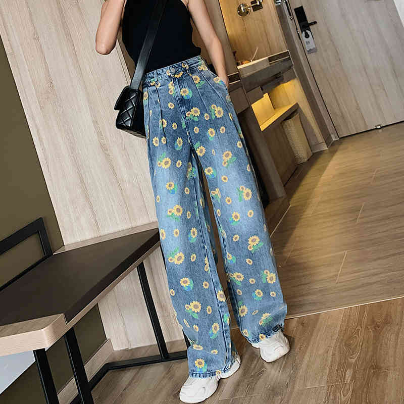 Summer Casual Jeans Woman Long Trousers Cowboy Female Loose Streetwear Small Flowers Wide Leg Pants ZA4513 210427