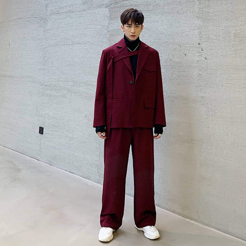 IEFB Niche Men's Clothing Red Irregular Tie Big Size Blazers Loose Jacket + Casual Suit Pants Spring Set 9Y52703 210524