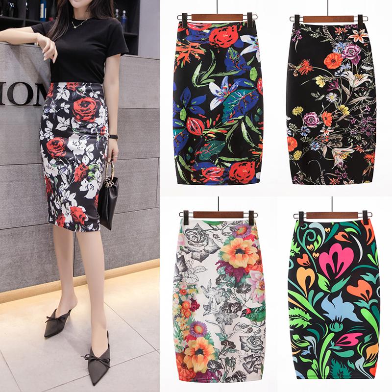 Floral Print Elastic High Waist Pencil Skirts Midi Skirt Women Printed OL Work Wear Summer Plus Size Short