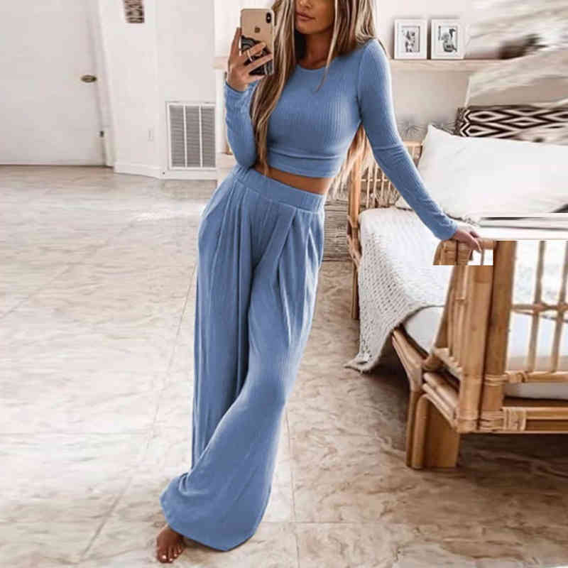 Winter Casual Set Pants Set Women O Neck Casual Crop top + High Waist Pants Vintage Women 2 Piece Set Home Suit Female 210515