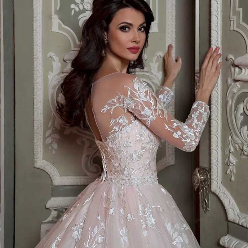 Princess Lace Ball Gown Wedding Dress For bride with Long sleeves Sheer Neck Beaded Waistline Court Train Lace-up Back Vestido De Noiva Plus Size Brid