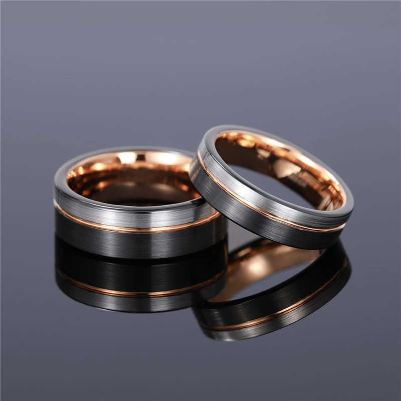 TIGRADE Ring Men Tungsten Black Rose Gold Line Brushed 6/8mm Wedding Band Engagement Men's Party Jewelry Bague Homme 210610