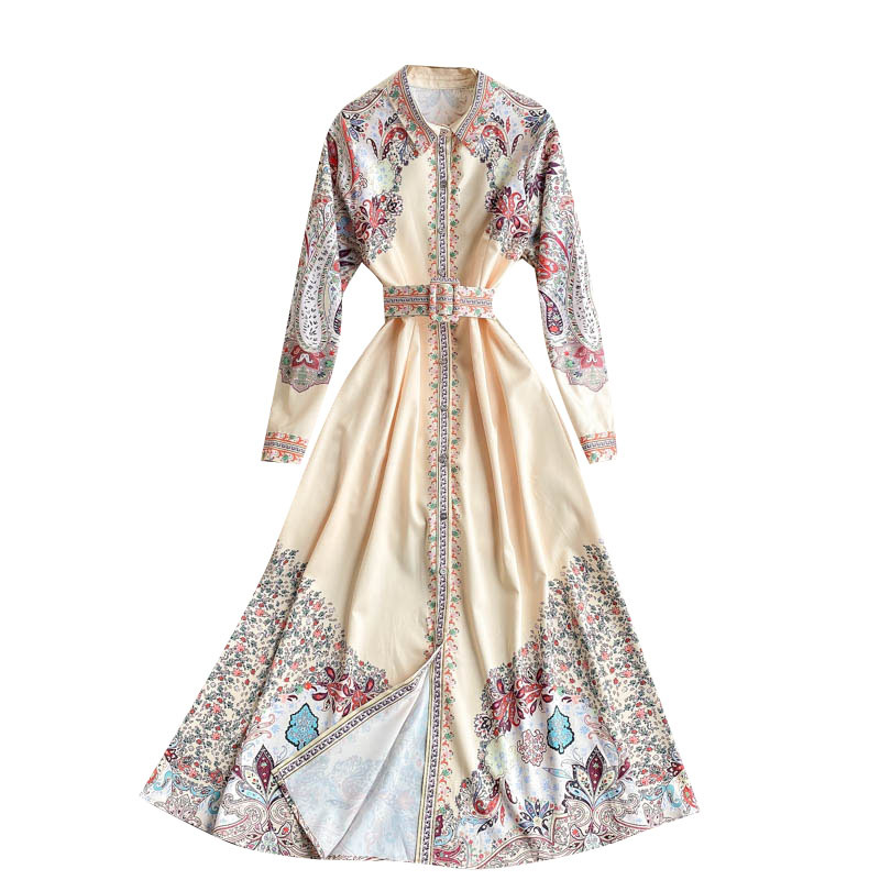 Spring Bohemian Casual A-line Dress Women Retro Print Long Dress Turndown-Collar Long Sleeve Button Sashes Dress 210521