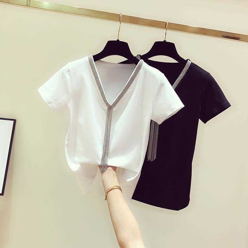 SuperAen Spring Summer Fashion Tassel Chain Patchwork V-neck Short Sleeve O Neck T-shirt Women's Casual Slim Top 210615